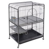 Metal cage with two levels, ramps, feeding area and wheels. Grid design with lockable door and pull-out base for easy cleaning.