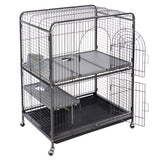 Metal cage with two levels, removable plastic floors, food and water bowls, and wheels for easy movement. Side doors and mesh walls visible.