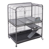 Metal cage with two levels, ramps, feeding station and wheels for easy movement. Suitable for small animals.