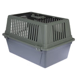 Plastic transport box with grey base and green top, ventilation slots on the sides and top, carrying handle on the top.