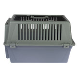 Plastic transport box with ventilation slots and carrying handle, grey-green colour.
