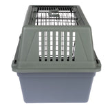 Plastic transport box with metal grid and carrying handle, suitable for safe transport of pets.