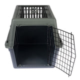 Plastic transport box with metal grid door, open. Top with ventilation grid and carrying handle.