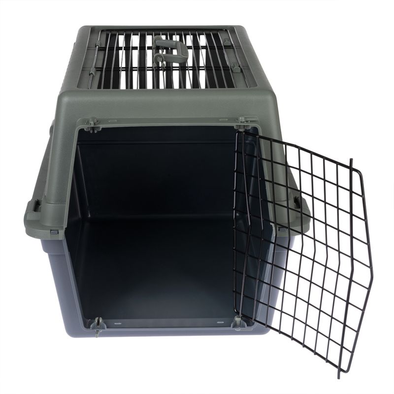 Plastic transport box with metal grid door, open. Top with ventilation grid and carrying handle.