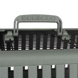 Transport box with grey handle and black grid lid, suitable for safe transport of pets.