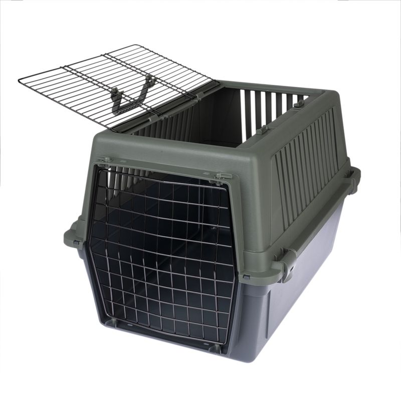 Plastic transport box with metal grid, top and front opening, grey and black colours.