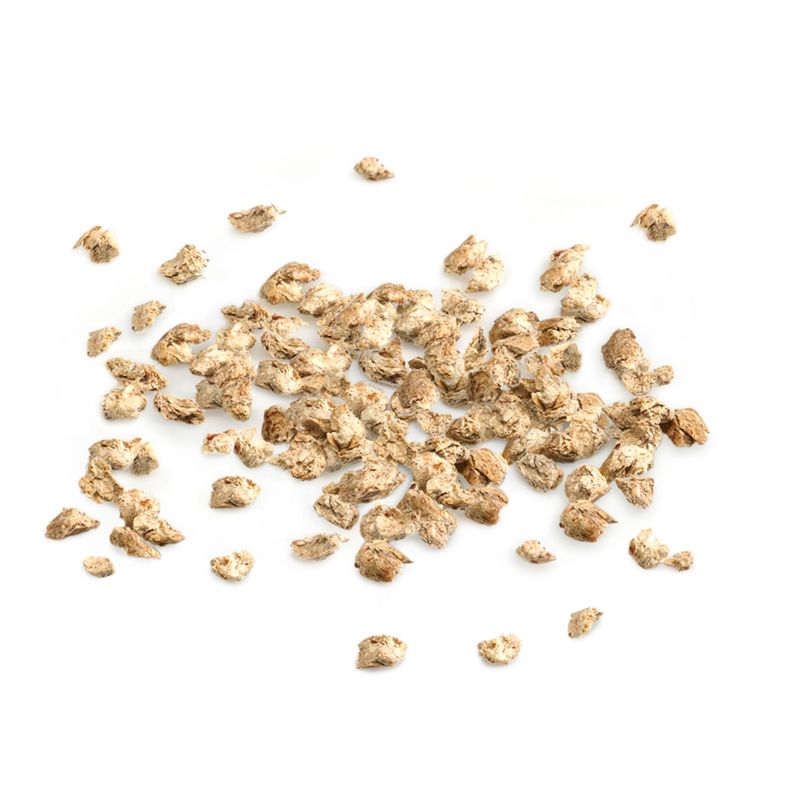Dried brown food pieces on a white background, possibly shown as pet food or snack.