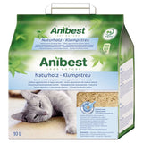 Anibest natural wood clumping litter, 10L. PEFC certified, hygienic odour control, low dust, easy to clean. Packaging shows a relaxed grey cat and litter material.