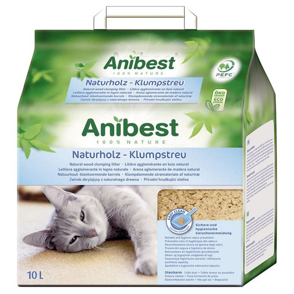 Anibest natural wood clumping litter, 10L. PEFC certified, hygienic odour control, low dust, easy to clean. Packaging shows a relaxed grey cat and litter material.