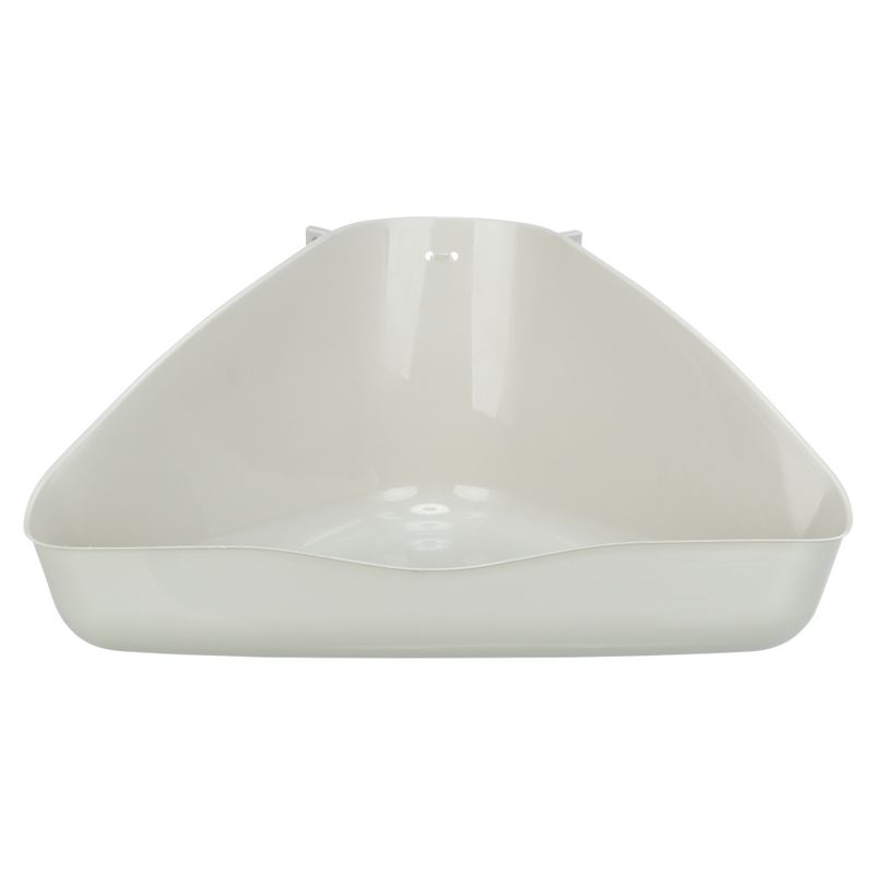 Triangular white plastic bowl, suitable for corner placement. Smooth surface and raised back wall visible.