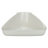 Triangular white plastic bowl, suitable for corner placement. Smooth surface and raised back wall visible.