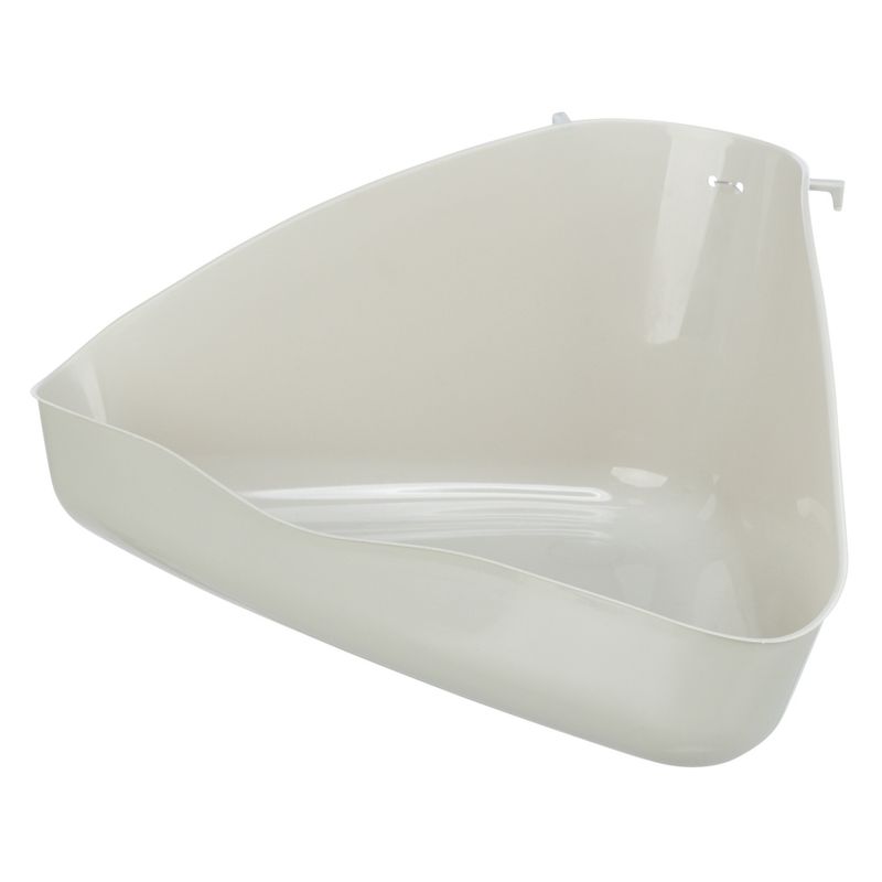 Triangular plastic bowl in beige with raised rim and attachment hook on the back.