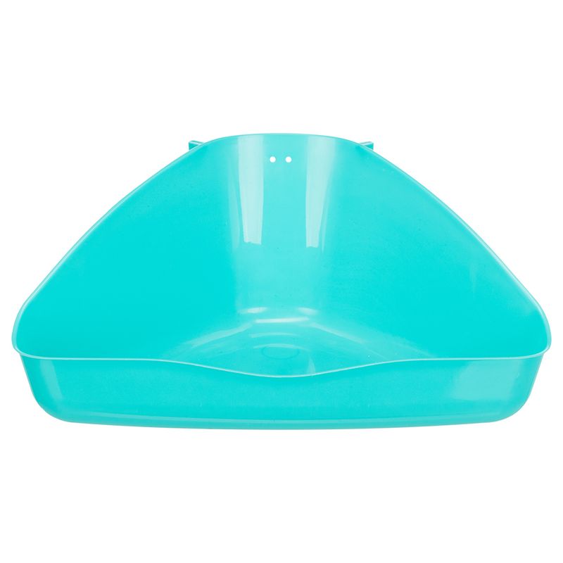Corner cat litter tray made of turquoise plastic, suitable for space-saving placement in corners.