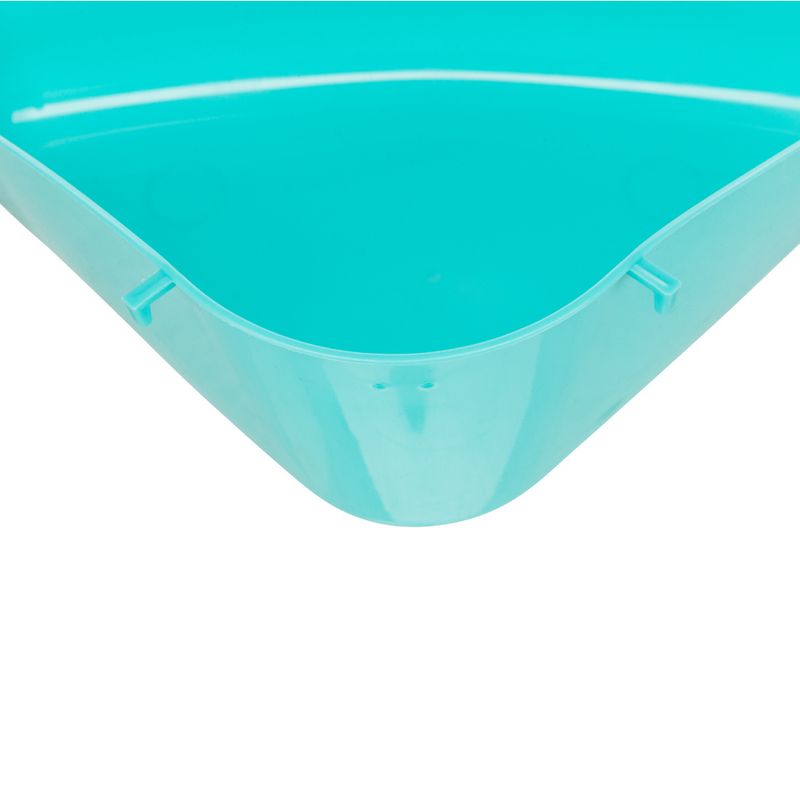 Square, turquoise plastic bowl with rounded edges and attachment hooks on the sides.