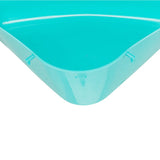 Square, turquoise plastic bowl with rounded edges and attachment hooks on the sides.