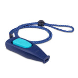 Blue clicker with turquoise button and blue braided wrist strap, suitable for training or education.