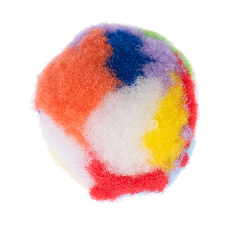Colourful, fluffy ball with various colours such as orange, blue, white, yellow and red.