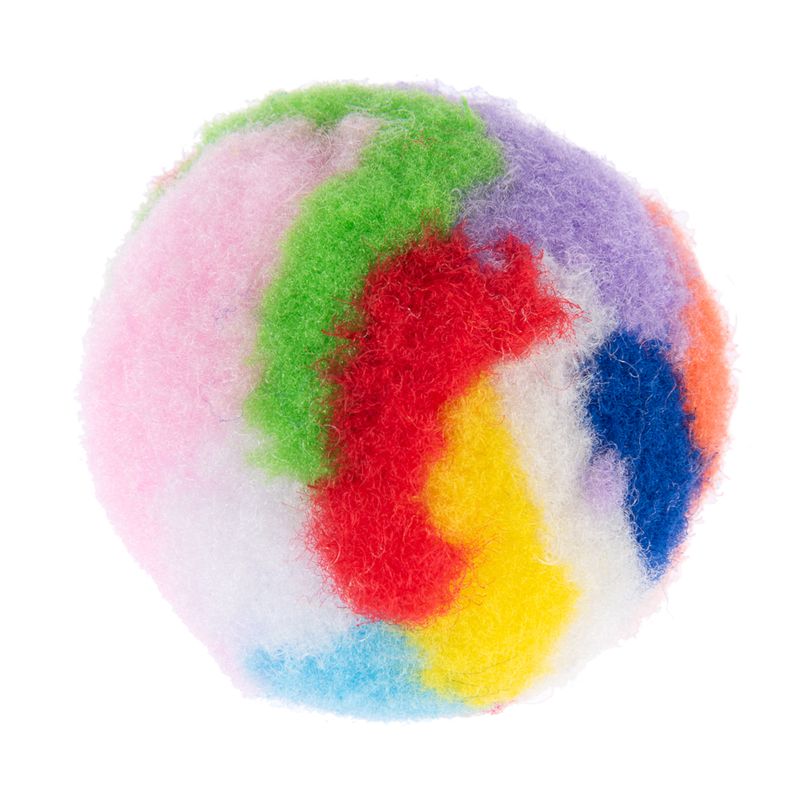 Colourful, fluffy ball with various colours such as green, red, blue, yellow, purple and white.