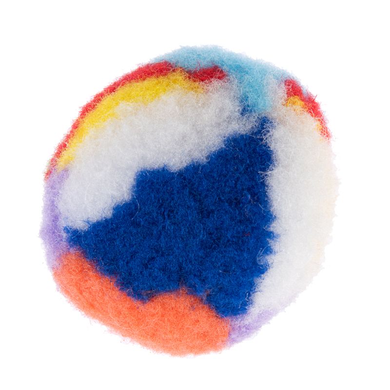 Colourful felt ball with blue, white, red, yellow and orange pattern.