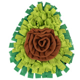 Snuffle mat made of green and brown fabric with fringes, suitable for search and sniffing games.
