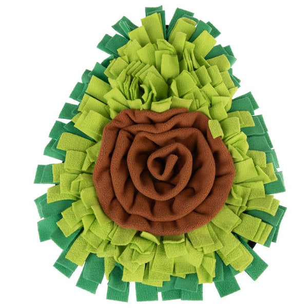 Snuffle mat made of green and brown fabric with fringes, suitable for search and sniffing games.