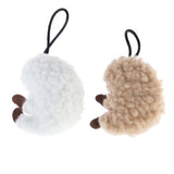 Two plush toys in the shape of sheep, one white and one beige, with black loops for hanging.