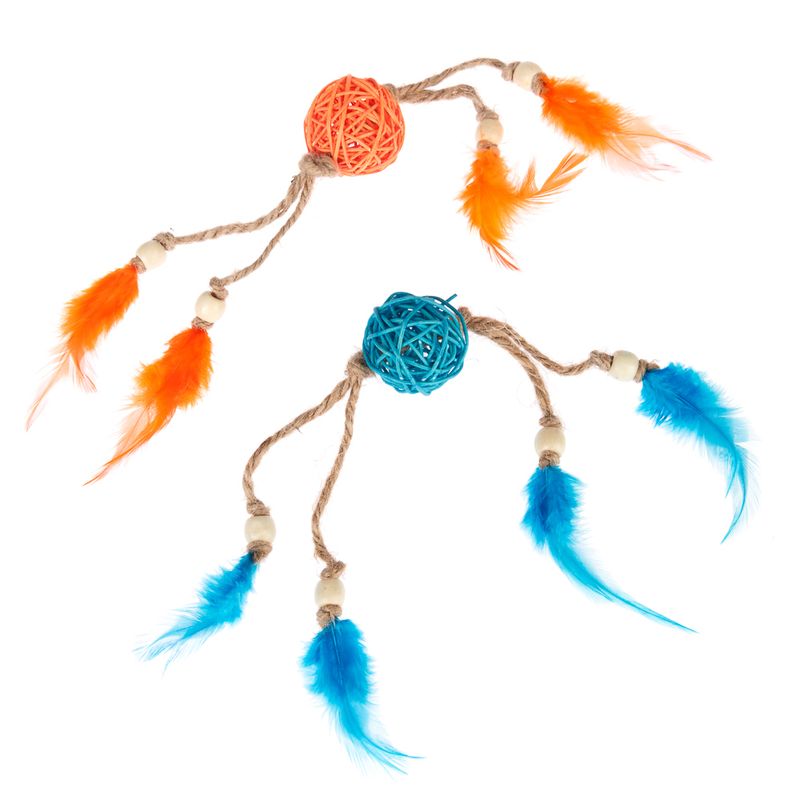Toy made of braided balls in orange and blue with feathers and strings, suitable for interactive play.