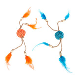 Two toys made of braided raffia in orange and blue, each with cords, wooden beads and feathers at the ends.