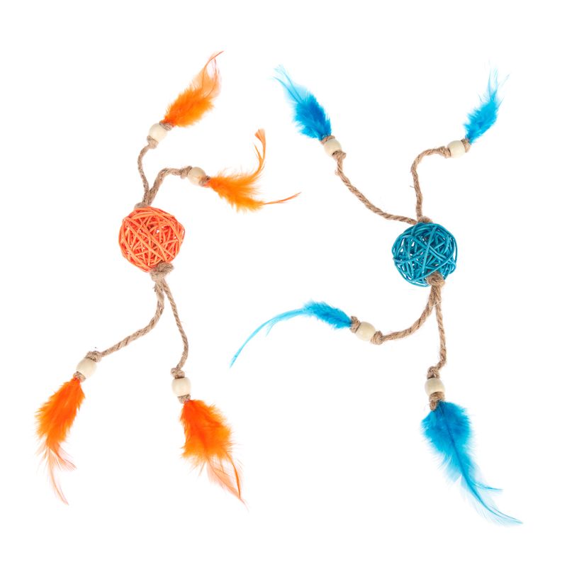 Two toys made of braided raffia in orange and blue, each with cords, wooden beads and feathers at the ends.