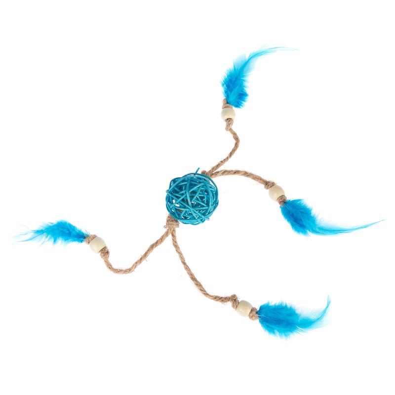 Toy made of braided rope with a blue ball in the centre and four blue feathers at the ends, connected by wooden beads.