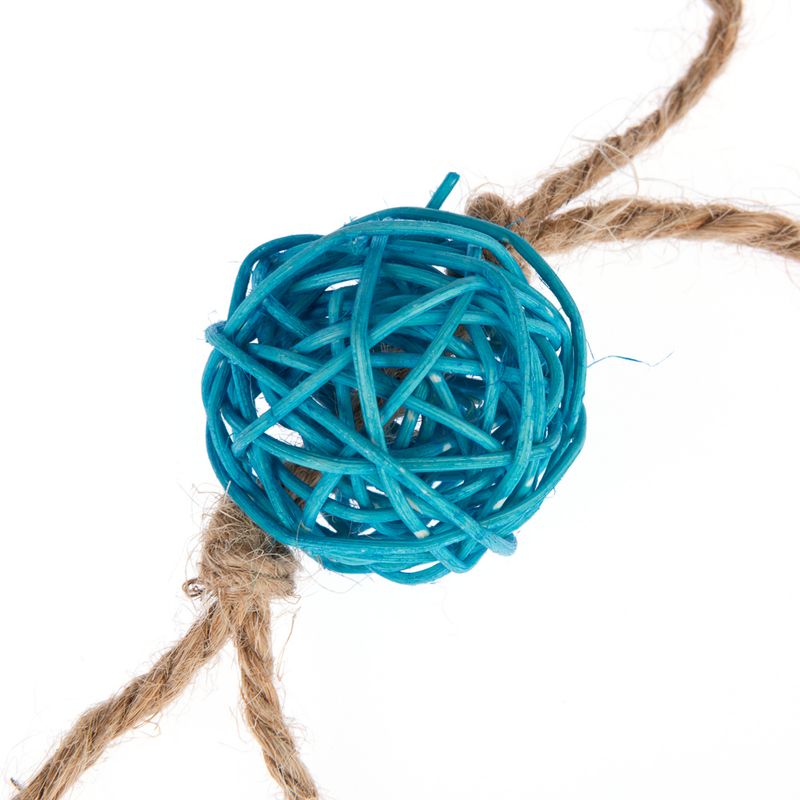 Toy made of blue plastic mesh in a ball shape, attached to a natural fibre rope.