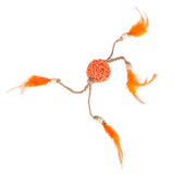 Toy made of braided rope with orange feathers and a central rattan ball. Suitable for interactive play.