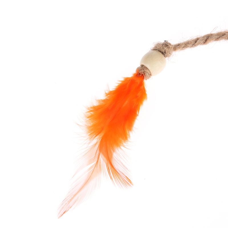 Toy made of natural rope with orange feathers and wooden bead.