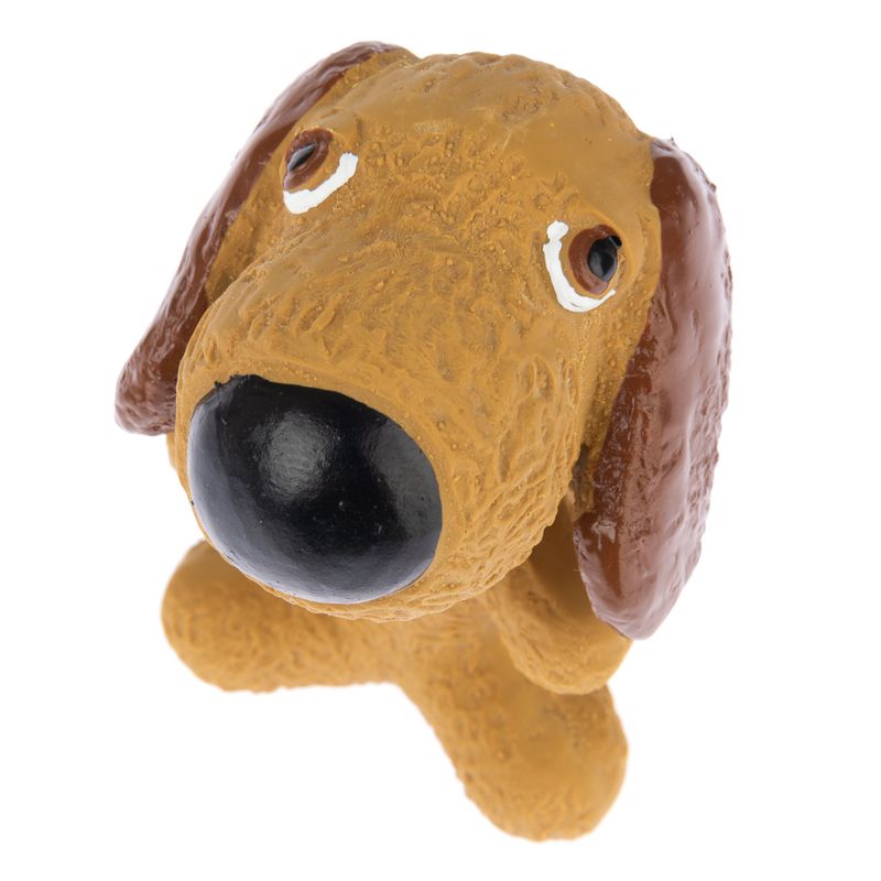 Dog toy made of plastic in the shape of a brown dog with a large black nose and brown ears.