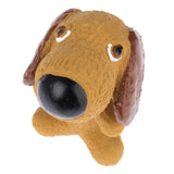 Dog toy made of plastic in the shape of a brown dog with a large black nose and brown ears.