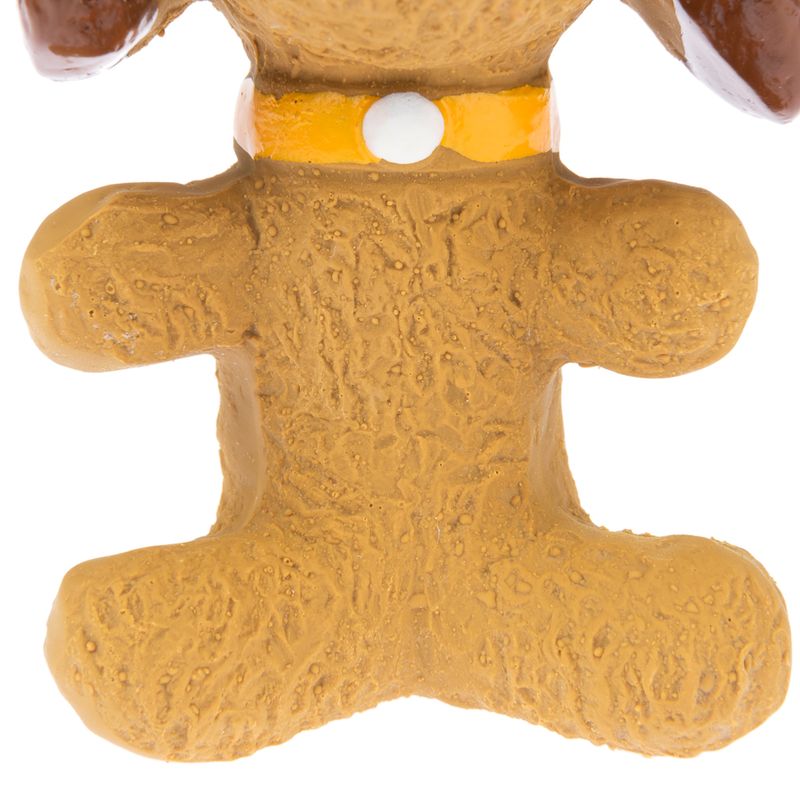 Dog toy shaped like a brown dog with a yellow collar and a white spot. Textured surface for better grip.