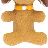 Dog toy shaped like a brown dog with a yellow collar and a white spot. Textured surface for better grip.