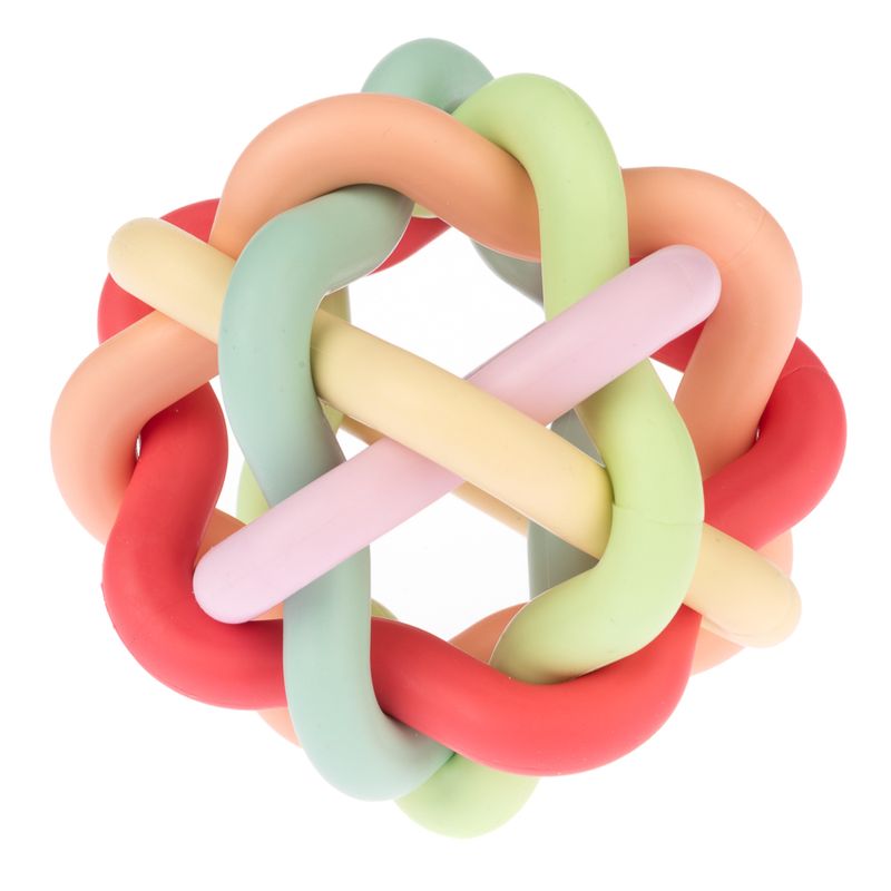 Colourful chew toy made of braided rubber tubes in pastel colours, suitable for interactive play and chewing.