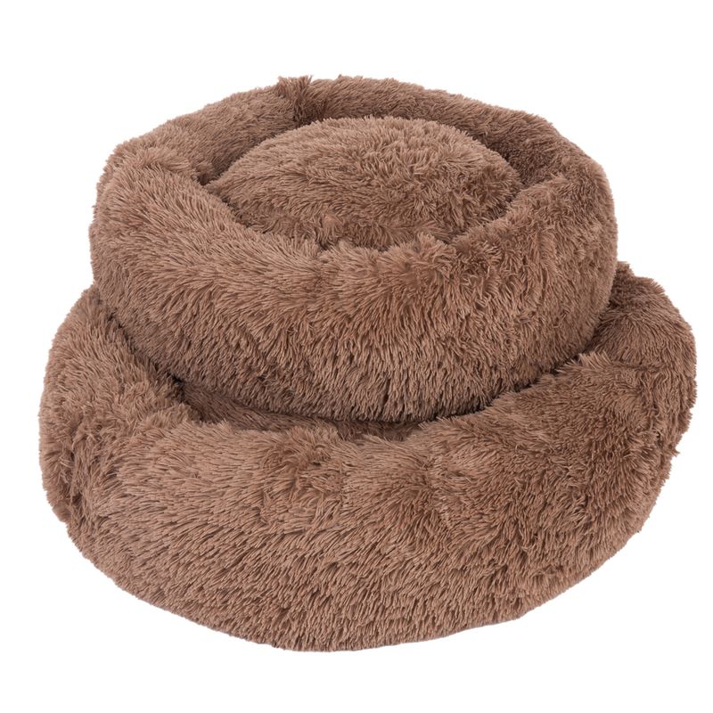 Round, brown pet bed made of soft plush material with raised edge for extra comfort.