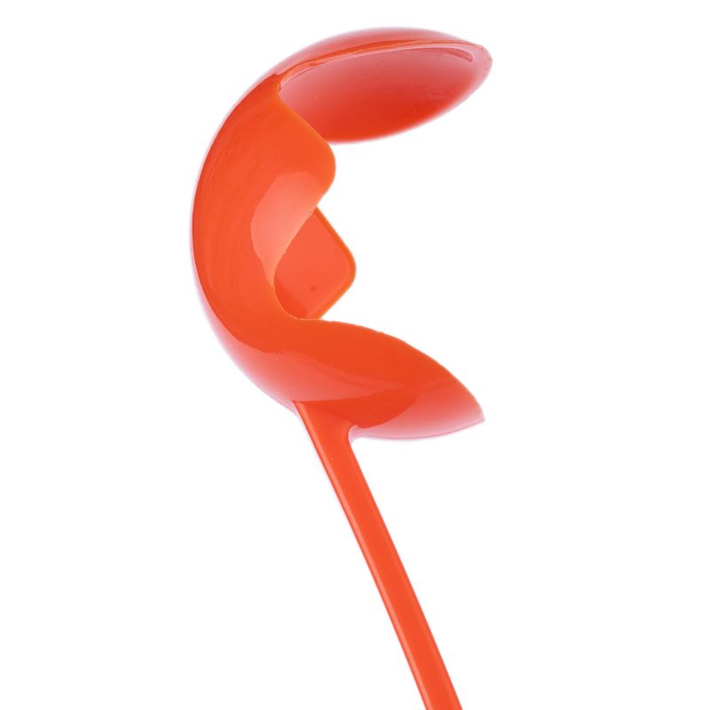 Orange measuring spoon with curved shape, suitable for portioning pet food.