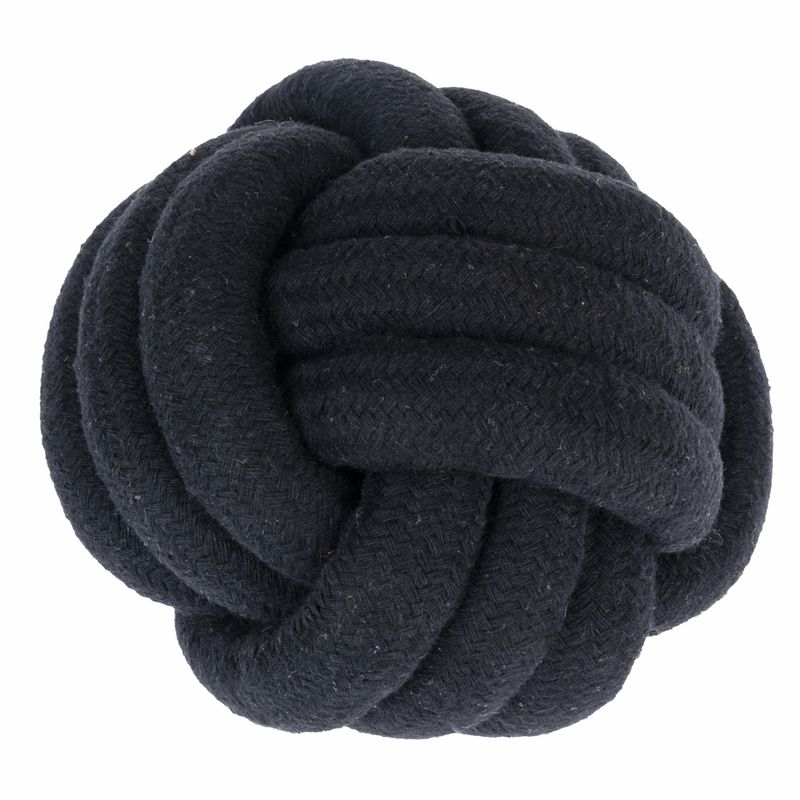 Black knotted ball made of braided fabric, suitable as a toy or accessory.
