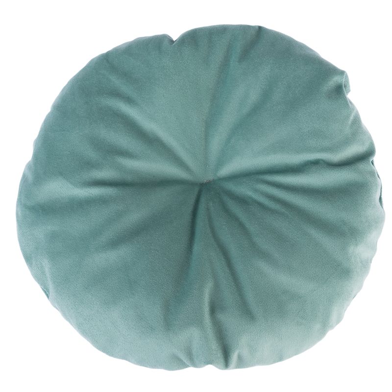 Round, green cushion with soft fabric surface and subtle crease pattern in the centre.
