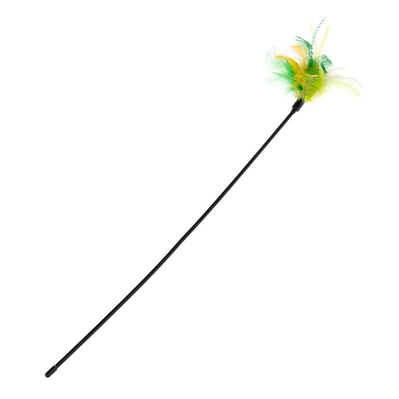 Black play wand with green and yellow feathers at the end, suitable for interactive play.