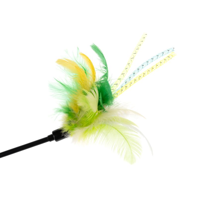 Toy with green-yellow feathers and colourful ribbons on a black stick.
