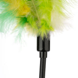Toy wand with green-yellow feathers and black handle, suitable for interactive play.