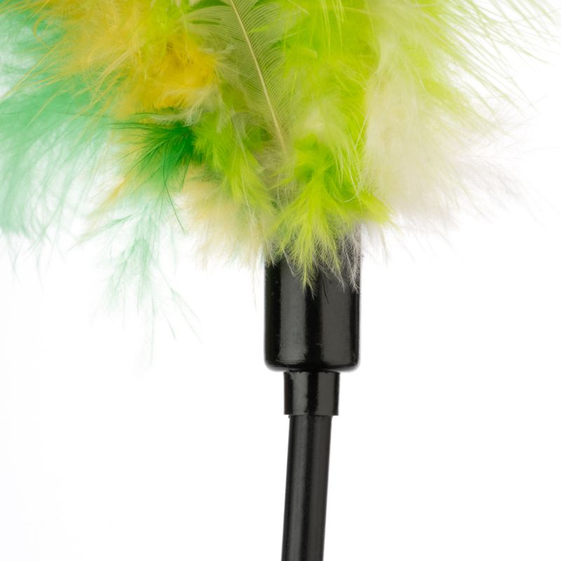 Toy wand with green-yellow feathers and black handle, suitable for interactive play.