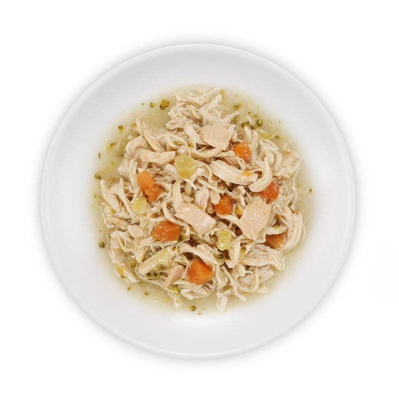 Close-up of shredded chicken with carrots and vegetables in broth, served on a white plate.