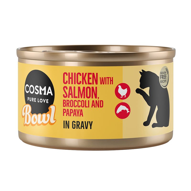 Cosma Pure Love Bowl. Chicken with salmon, broccoli and papaya in sauce. Grain-free recipe.