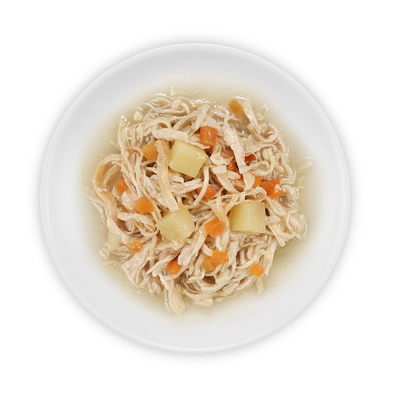 Close-up of shredded chicken with carrot and potato pieces in broth, served on a white plate.