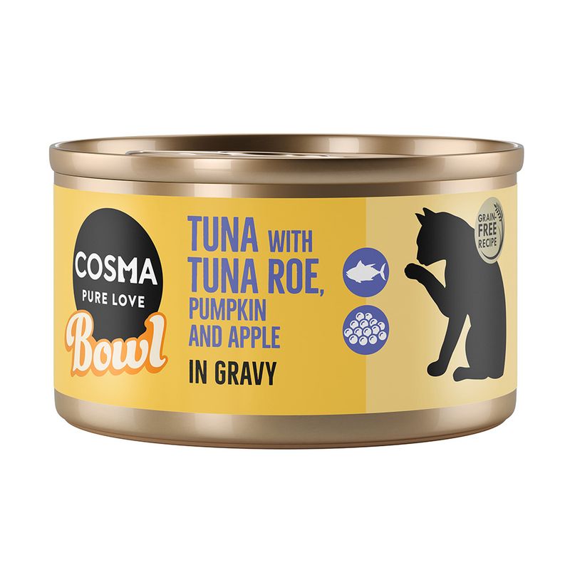 Cosma Bowl cat food, tuna with tuna roe, pumpkin and apple in sauce, grain-free recipe.